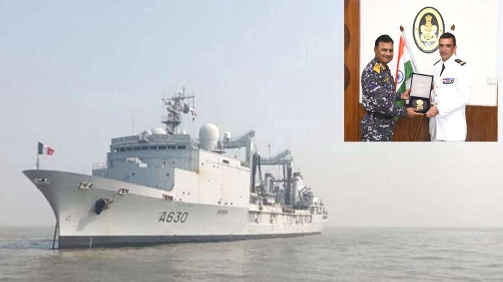 French tanker “Marne” in Mumbai harbour. (Inset: French and Indian Navy officials at Western Naval Command).