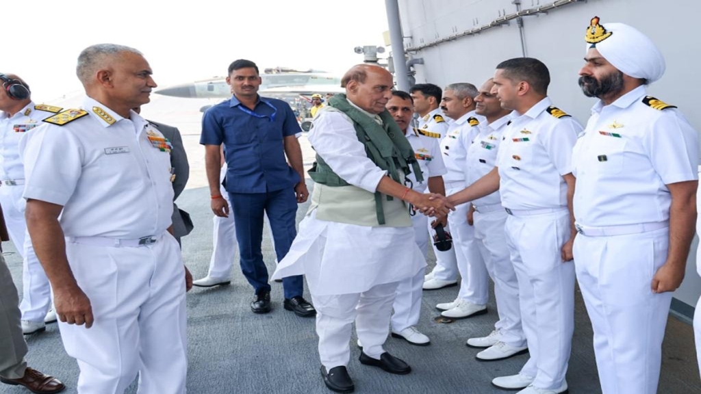 Defence Minister Rajnath Singh interacts with Naval officers during his visit to INS Vikrant on Monday. Chief of the Naval Staff (CNS) Admiral R Hari Kumar looks on.