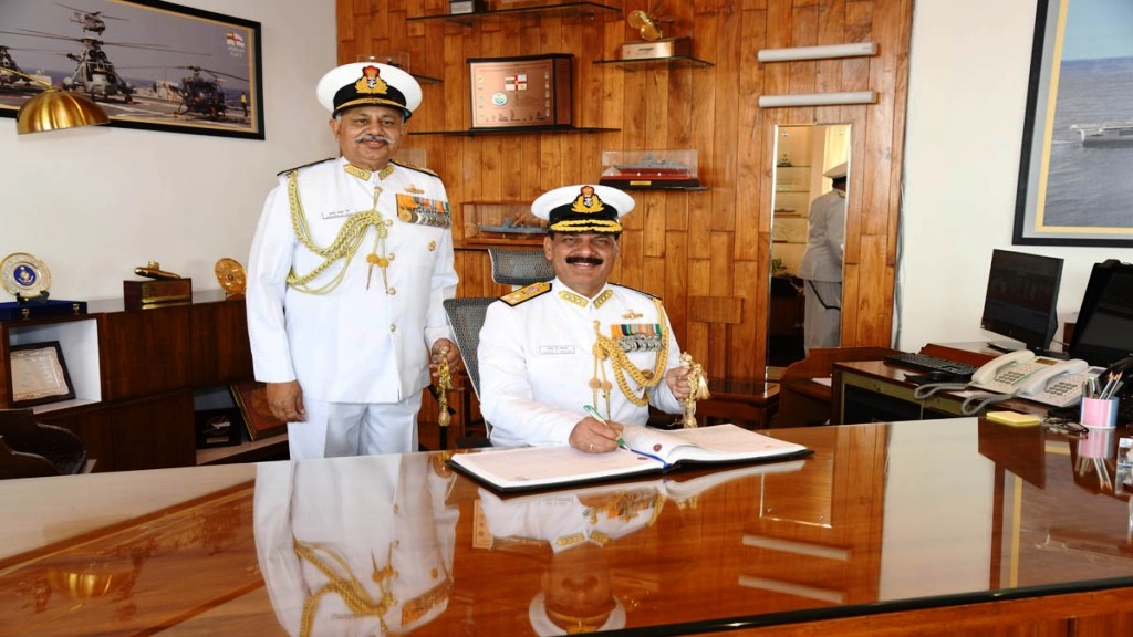 Vice Admiral Dinesh K Tripathi (Right), took over as FOC-in-C, WNC from Vice Admiral Ajendra Bahadur Singh (Left) on Tuesday.