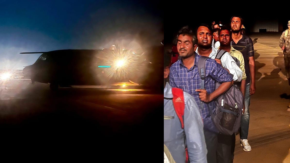 IAF’s C-130J aircraft at “Wadi Sayyidna” engaged in a rescue operation. (Inset: rescued Indians stranded in Sudan). Photo credit: IAF.