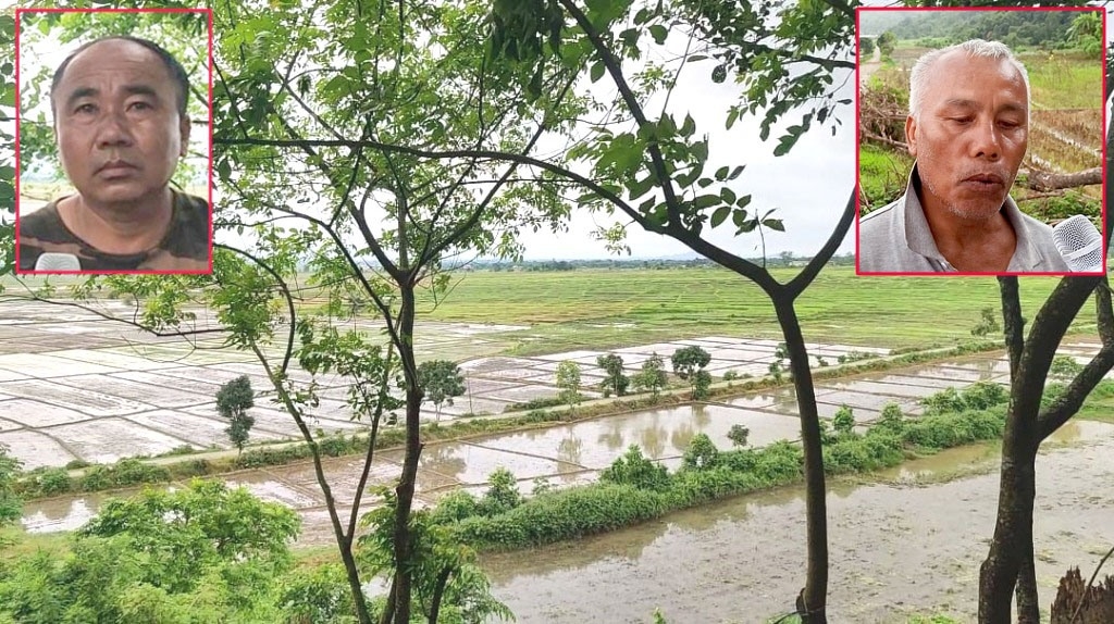Seen in the photo is a vast paddy field in Kadangband with the lush green portions of the field rendered uncultivable due to the persistent attack by Kuki militants.(Inset-Two farmers)